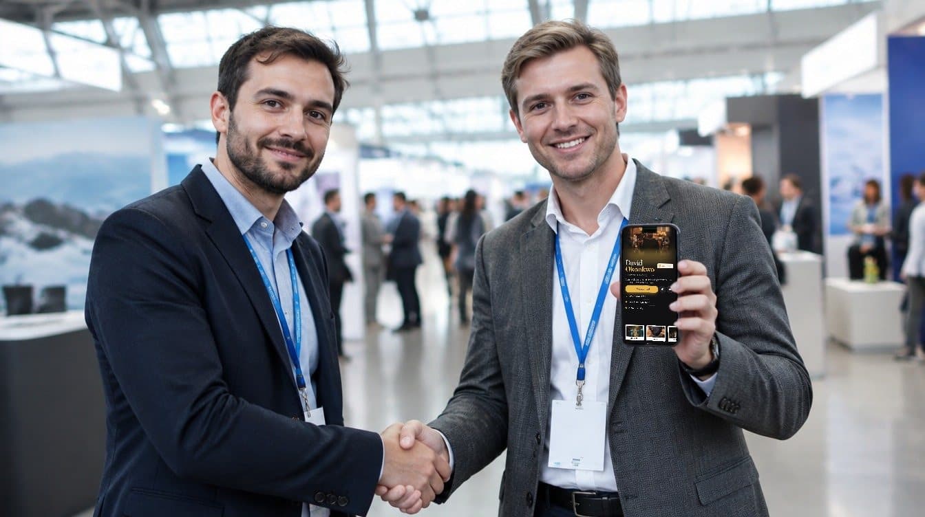 Two people shaking hands at a trade show; one holds up an iPhone showing a Ravencard for David Okonkwo, a fictional director of photography.