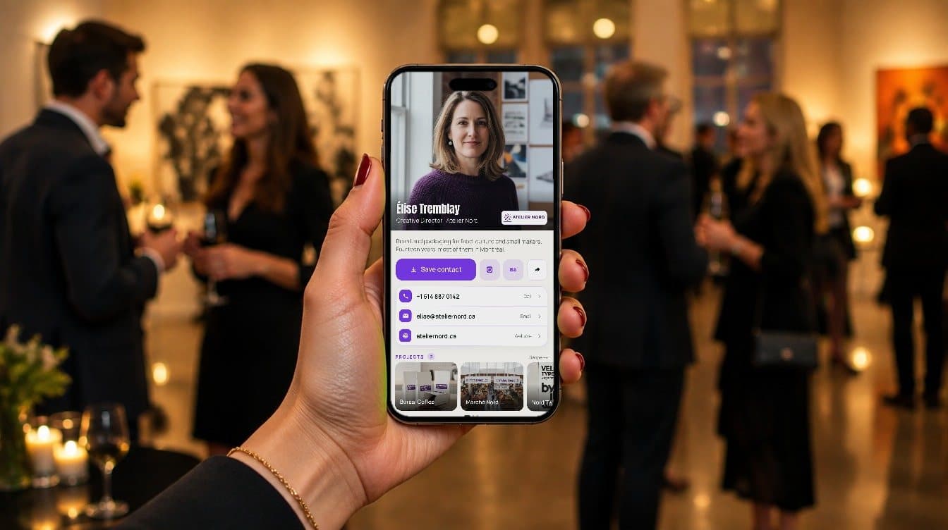 At an evening gallery event, a hand holds up an iPhone showing a Ravencard for Élise Tremblay, a fictional creative director.