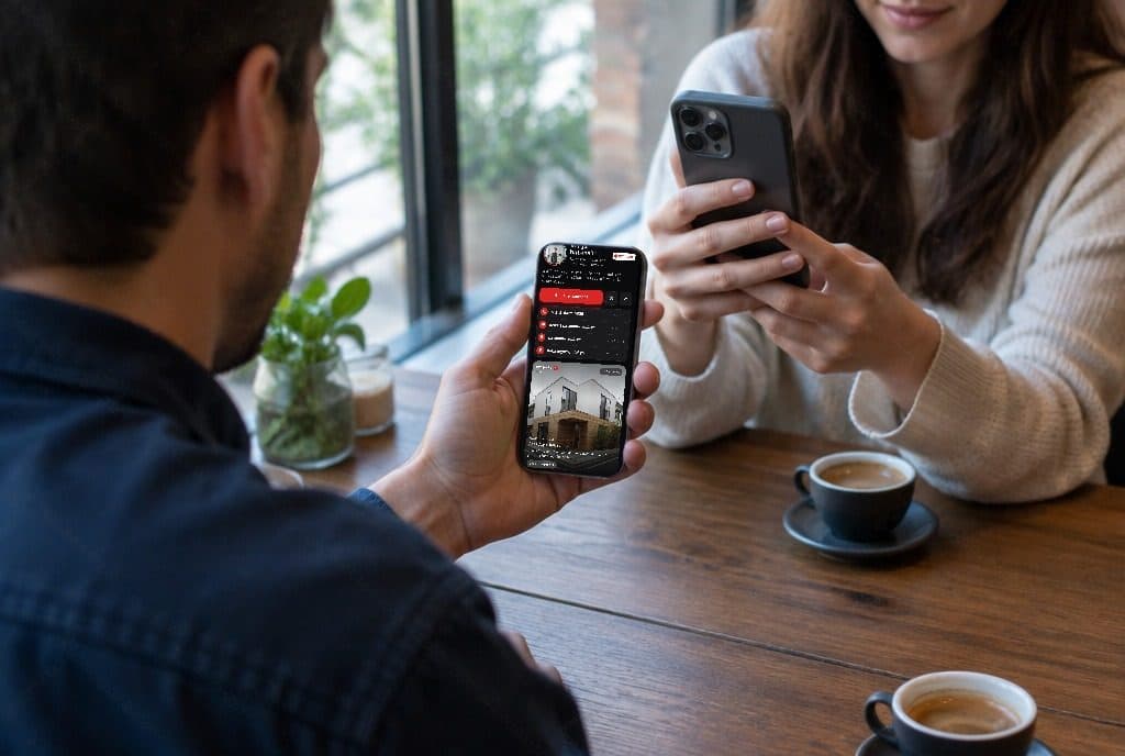 At a café table a man holds out an iPhone showing a Ravencard for Kenji Watanabe, a fictional architect, while the woman opposite raises her phone to scan it.