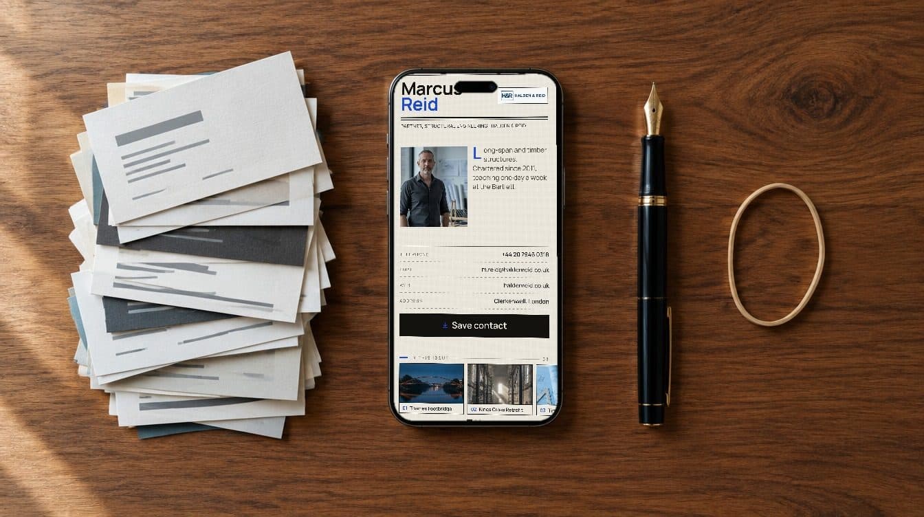 A stack of printed business cards on a walnut desk beside an iPhone showing a Ravencard for Marcus Reid, a fictional structural engineer, a fountain pen and a rubber band.