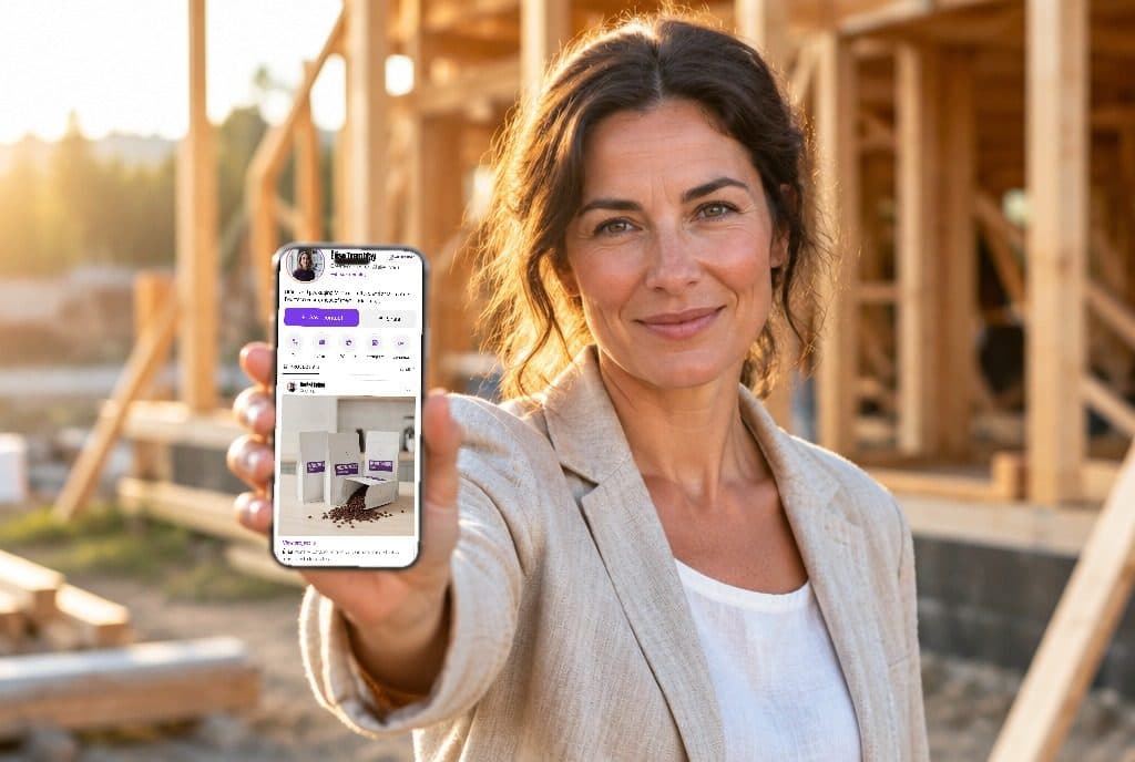 An architect at a timber-frame building site holds out an iPhone showing a Ravencard for Élise Tremblay, a fictional creative director, with a project picture.