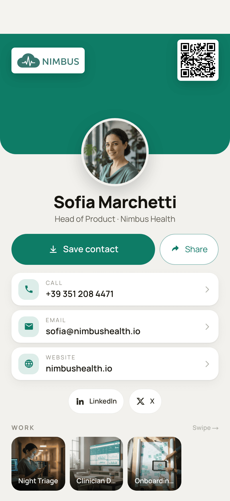 An example Ravencard for Sofia Marchetti, Head of Product at Nimbus Health, open on a phone: her photo, her details, a Save contact button and her projects.