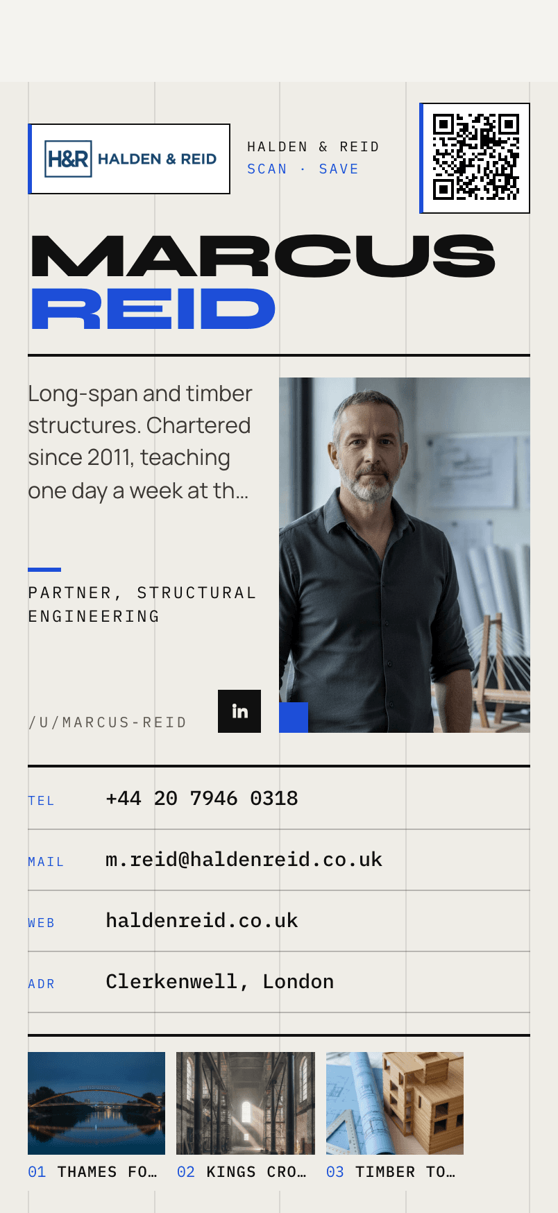 An example Ravencard for Marcus Reid, Partner in Structural Engineering at Halden & Reid, on a Swiss grid design, open on a phone.