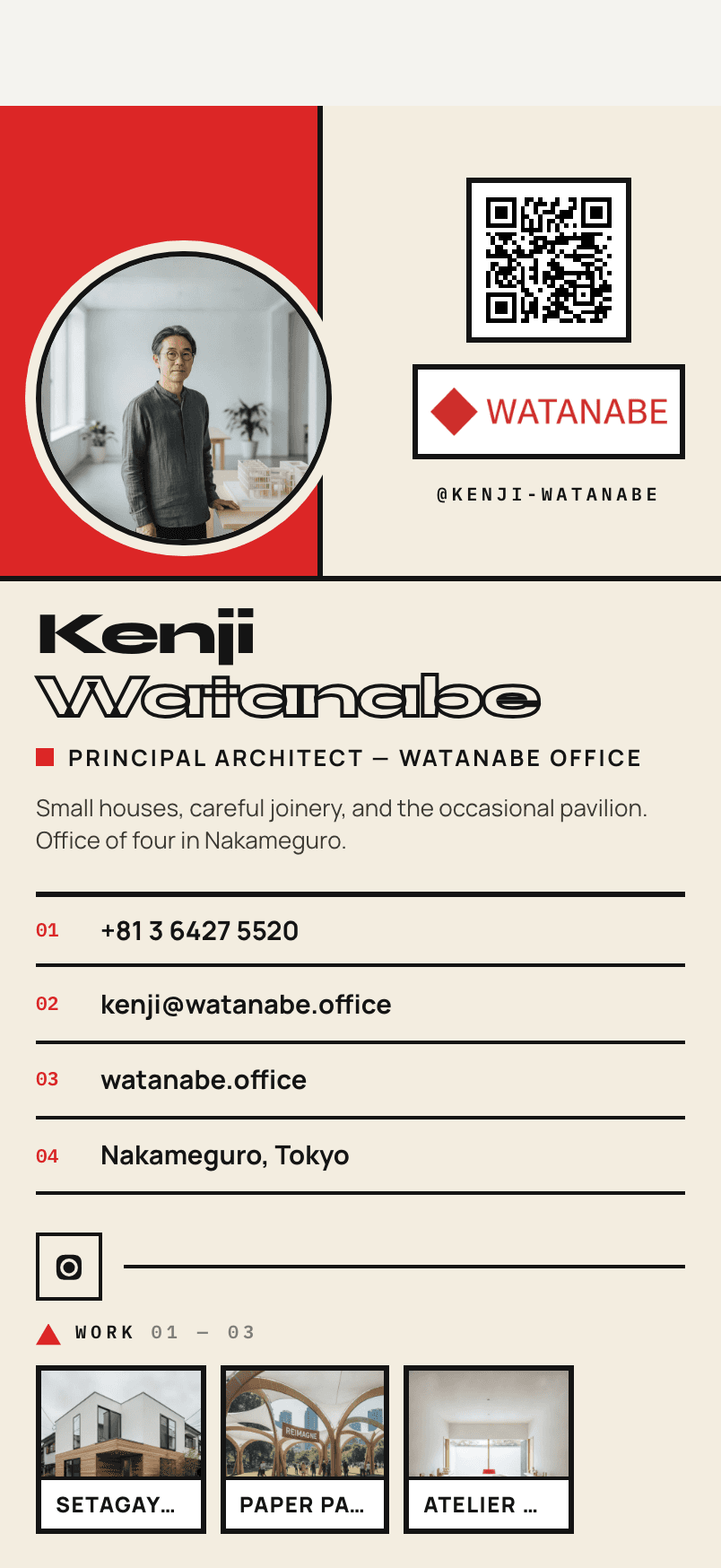 An example Ravencard for Kenji Watanabe, Principal Architect at Watanabe Office, on a red and cream graphic design, open on a phone.