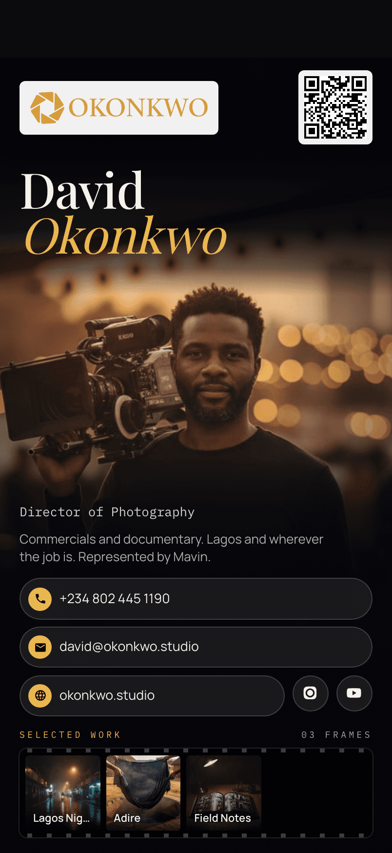 An example Ravencard for David Okonkwo, Director of Photography at Okonkwo Studio, on a dark photographic design, open on a phone.